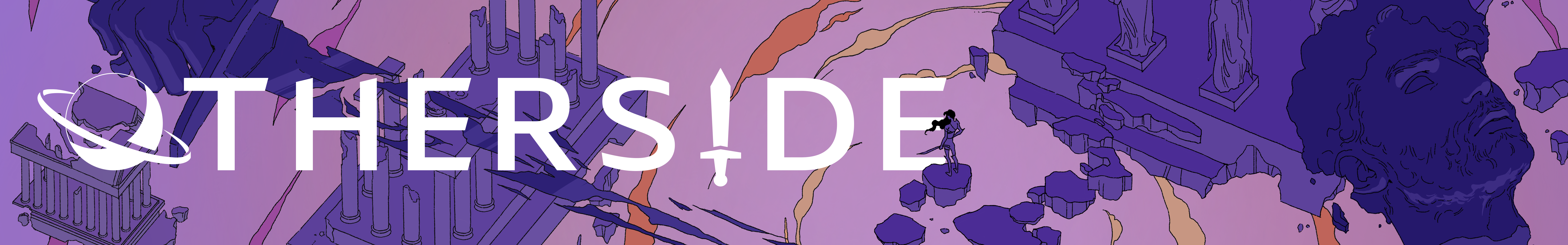 A fantastical scene of classical ruins floating in space, in shades of lilac and orange, overlaid with the OTHERSIDE logo.