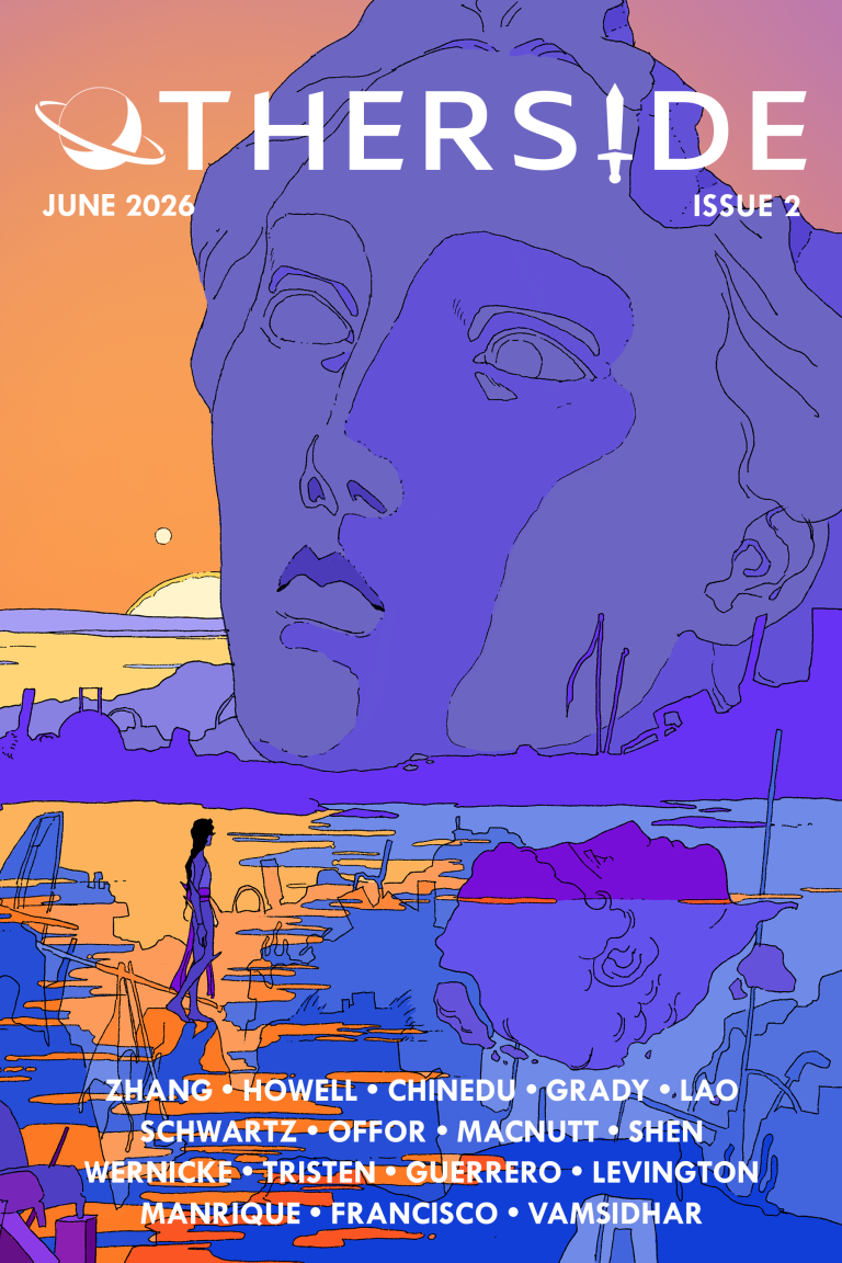Otherside Issue 2 cover image. Art by Theo Marcial. Features a small wanderer figure walking across debris in a lake, looking up at a sunset-coloured sky.